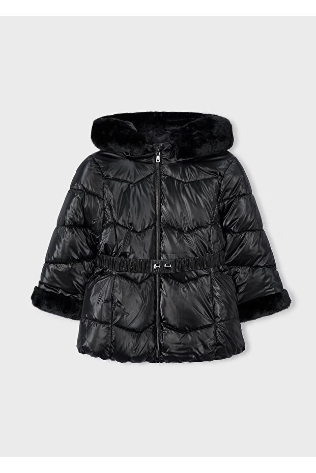 Girl's Fur Decorated Hooded Belted Shiny Long Coat 4448 Black