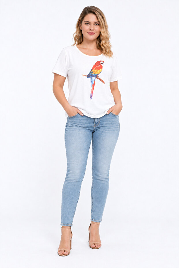 Women's Plus Size White Cotton Fabric Front Printed Blouse 65n36938
