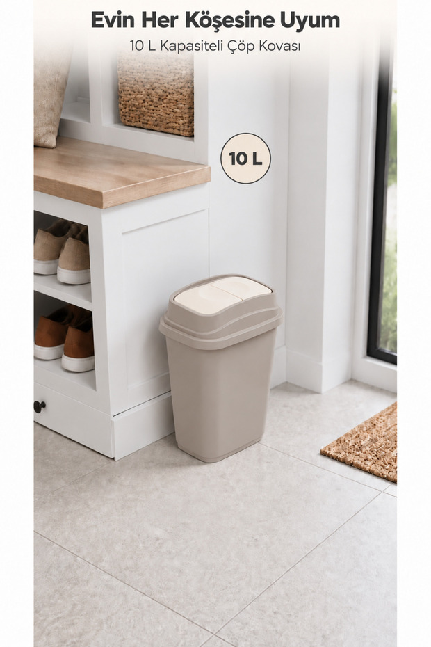 10 Liter Swinging Lid Trash Can White – Compact Waste Bin for Kitchen, Bathroom, and Office
