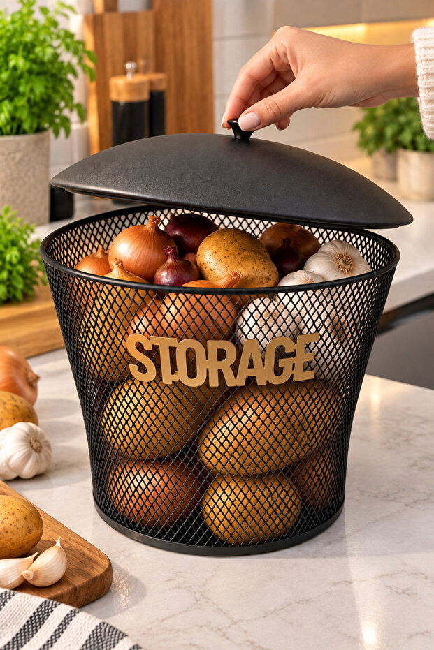 Bodrum Lid-Top Potato-Onion Container Black-Large Multi-Purpose Metal Basket Storage Lettered Potato Onion Basket Metal Fruit Bowl Vegetable Storage Container Kitchen Organizer Desktop & Countertop Organizer