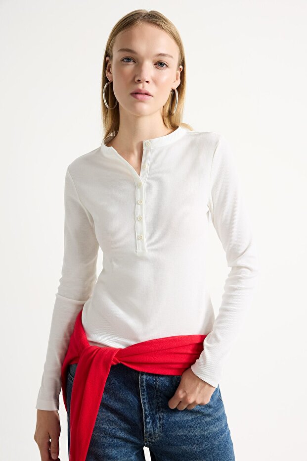 Fitted Basic Ribbed Camisole Long Sleeve Henley Collar Basic T-Shirt I5711Ax26Au