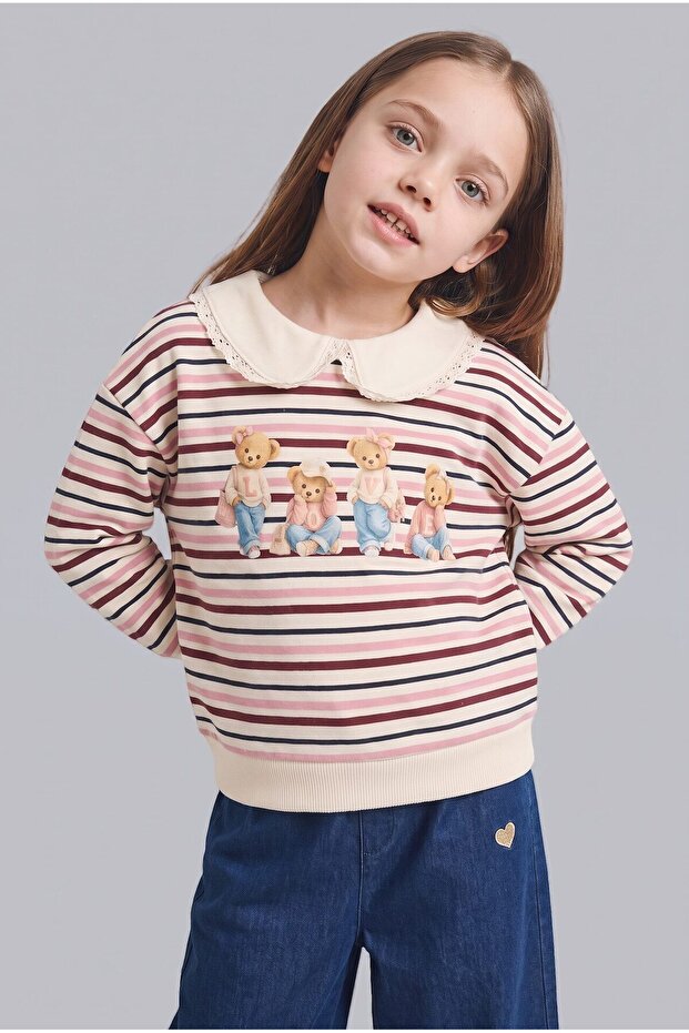 Baby Collar Striped Teddy Bear Printed Sweatshirt Baby Girl I7726A526Wn