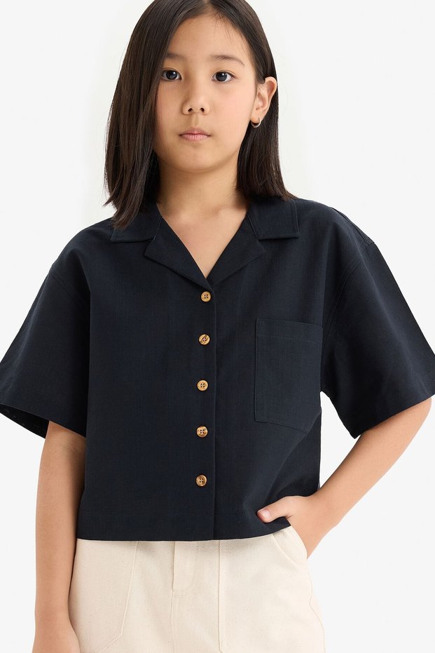 100% Cotton Cropped Fit Linen Short Sleeve Shirt Girls D7638A825Sm