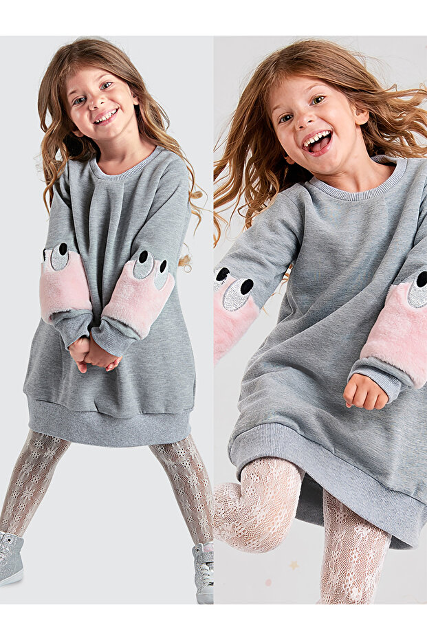 Girl's Winter Gray Plush Sleeve Appliqué Dress 3-9 Years Old