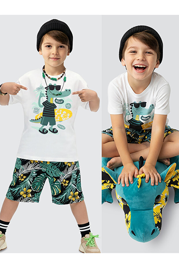 Boys' Set Crocodile Hawaii Printed T-Shirt Shorts Two-Piece Set Summer 2-8 Years