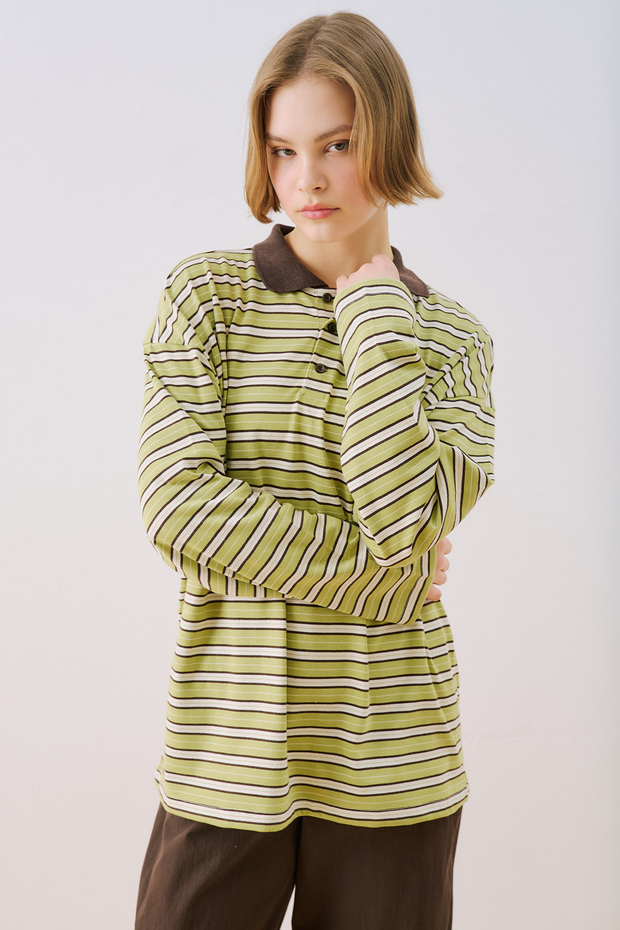 Striped Polo Collar Sweatshirt Green