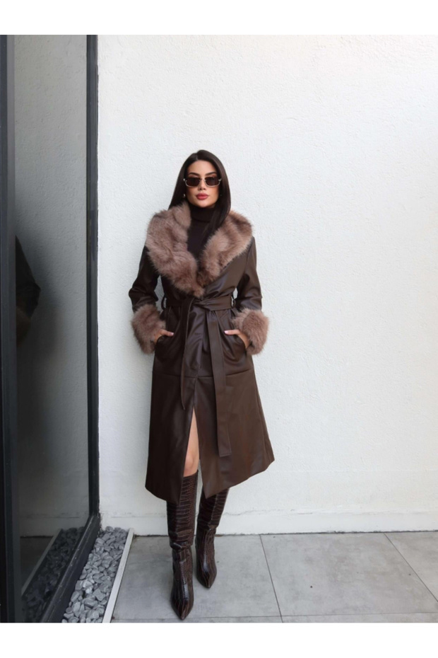 Women's Brown Fur Detailed Leather Trench Coat