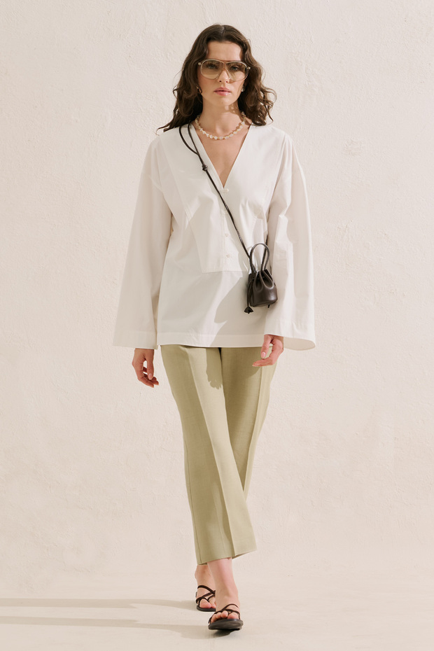 Poplin Wide Sleeves V-Neck Shirt Ecru