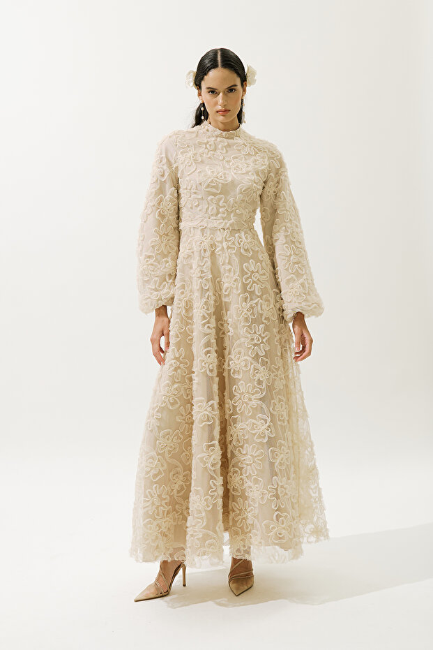 Puffy Floral Long Sleeve Evening Dress Pearl