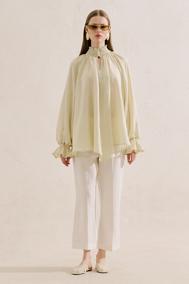 Gi̇peli̇ Linen Balloon Sleeve Blouse Yellow