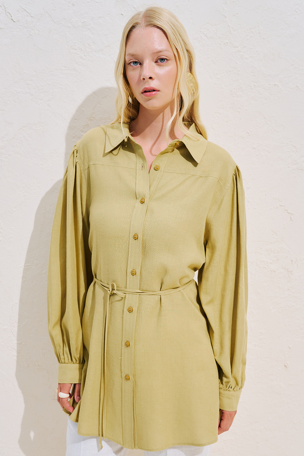 Linen Mixed Balloon Sleeve Long Tunic Green