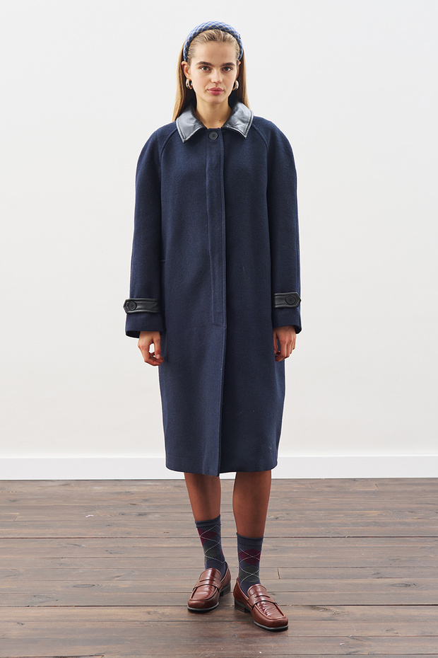 Leather Detail Coat with Embroidered Detailing, Navy Blue