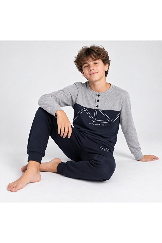 Young Men's Cotton Collared Buttoned Pocketed Gift Gray - Navy Blue Color Bottom and Top Pajama Set Al008 V2