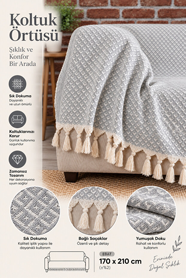 Gray Sofa Cover with Star Border | Sofa Shawl 180x210 Cotton