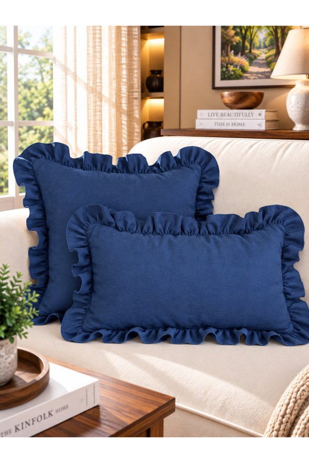 Pearl Velvet Textured Vintage Ruffled Midnight Blue Pillow Cover 1 Pc