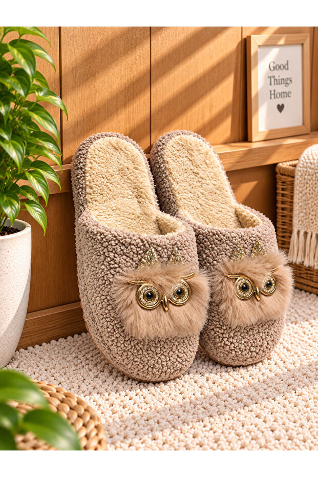 Owl Model Towel Women's House Slippers - Warm and Fluffy Slippers with Noise-Free Soles