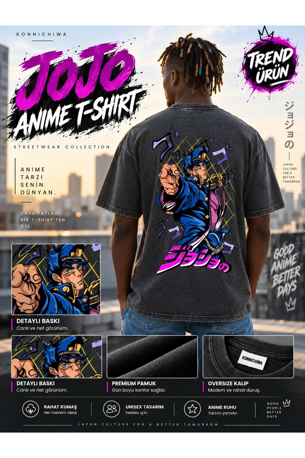 Konnichiawa Jojo's Bizarre Adventure Jotaro Kujo Printed Black Oversize T-Shirt – Large Back Print Anime T-Shirt