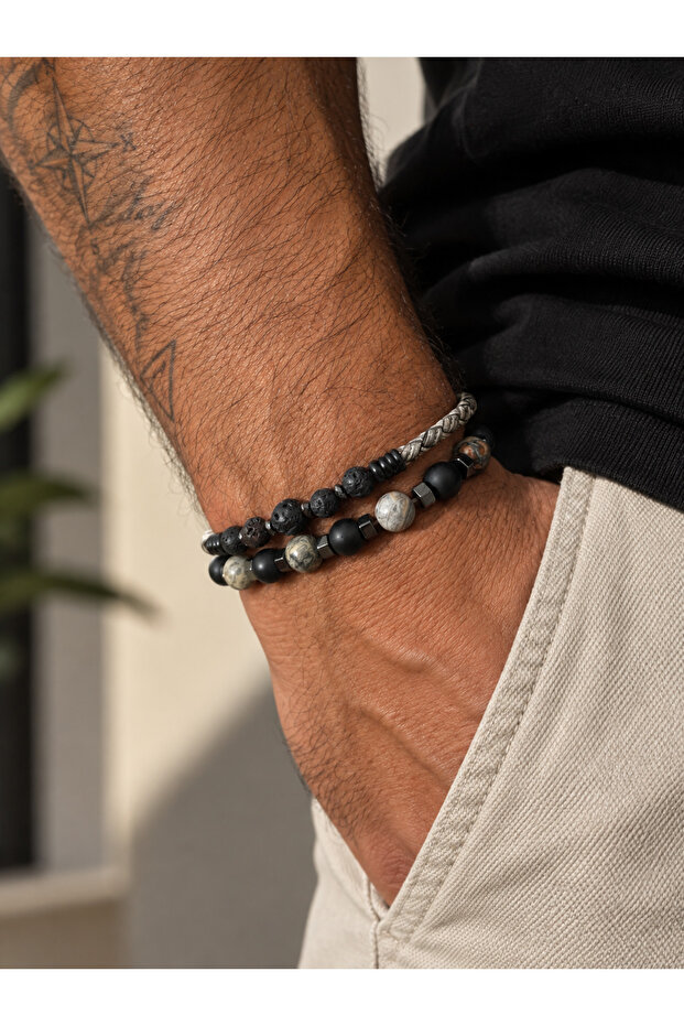 Black and Earth-Toned Leather 2-Piece Men's Bracelet Combination-016
