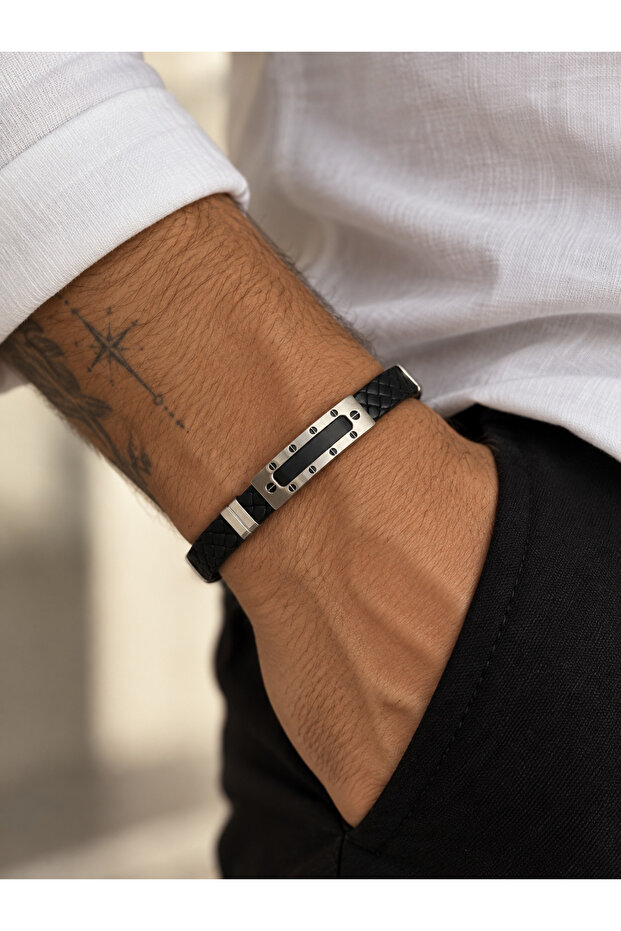 20-21 cm Wrist Fit Wide Plate Patterned Steel Men's Bracelet -025