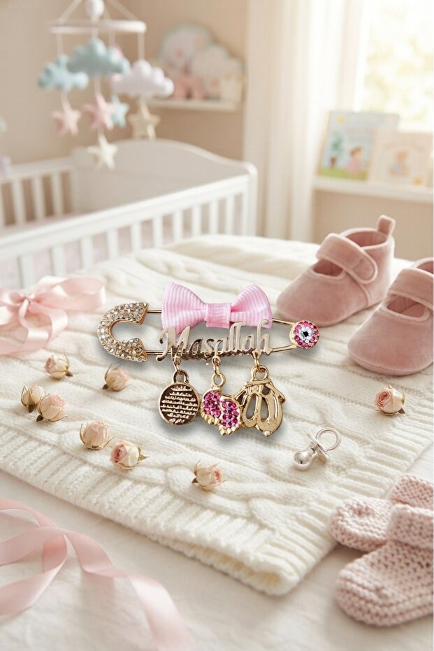 Pink Polka Dot Bow Mashallah Written Baby Lapel Pin - Tybezyi1735