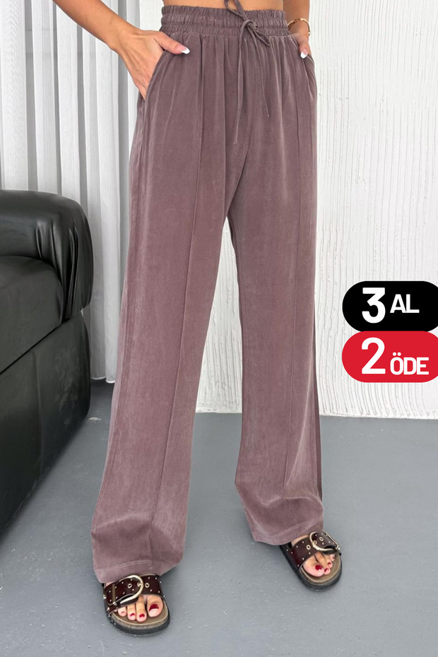 Women's Elastic Waist Lace-Up Striped Palazzo Gabardine Trousers 6023 Mink - Premium Series