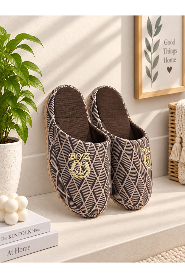 Prestij Embroidered Luxury Men's House Slippers Soundproof Wool Insole Slippers
