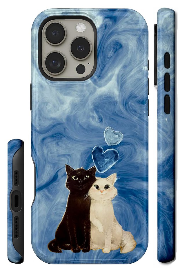 iPhone 14 Pro Compatible - Double Layer Cover with Cat Design, Glossy Surface Protective Case