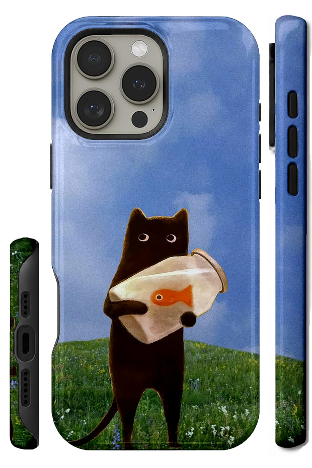 iPhone 14 Pro Compatible - Double Layer Cover with Cat Design, Glossy Surface Protective Case