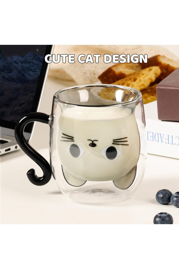 201-300ml black 1pc Creative Cute Cat Double-layer Coffee Mug Cartoon Couple Teacup Insulated Glass