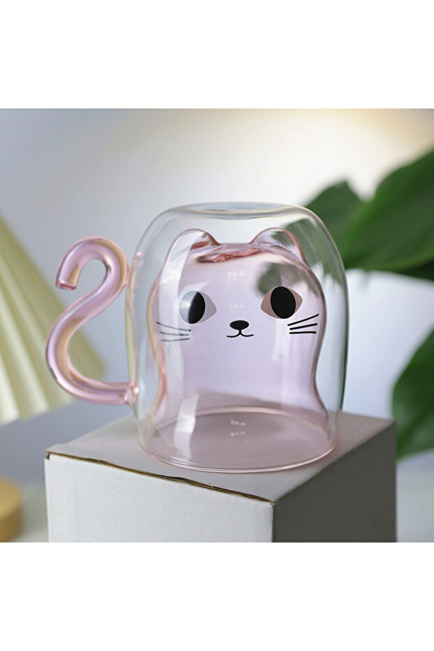 201-300ml pink 1pc Creative Cute Cat Double-layer Coffee Mug Cartoon Couple Teacup Insulated Glass M