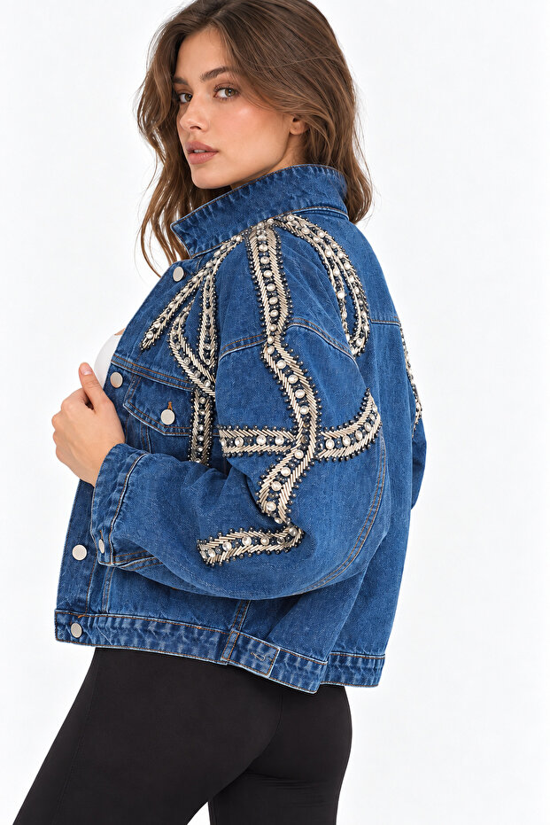 Women's Designer Denim Jacket with Stone Bead Embroidery Detail, Blue Stripe Pattern, Oversized Fit Bomber Coat