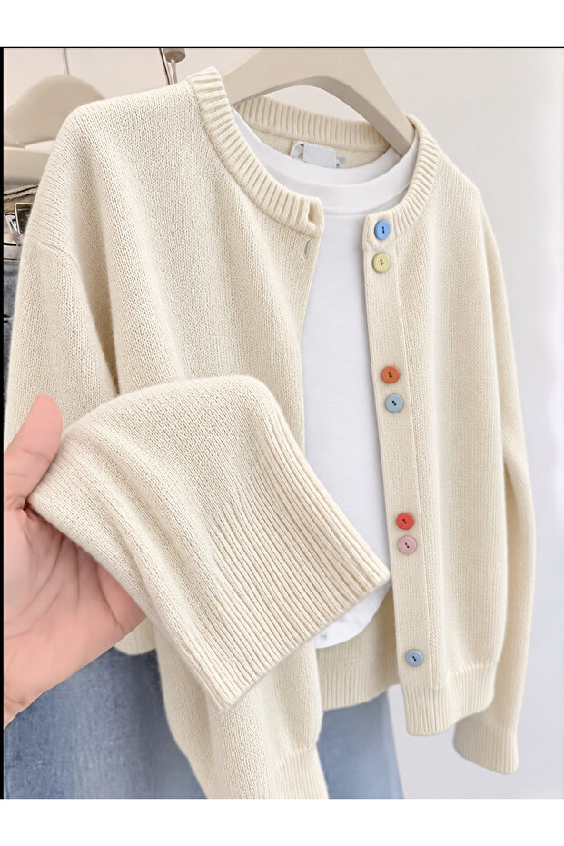 Women's Navy Blue Buttoned Basic Knit Cardigan