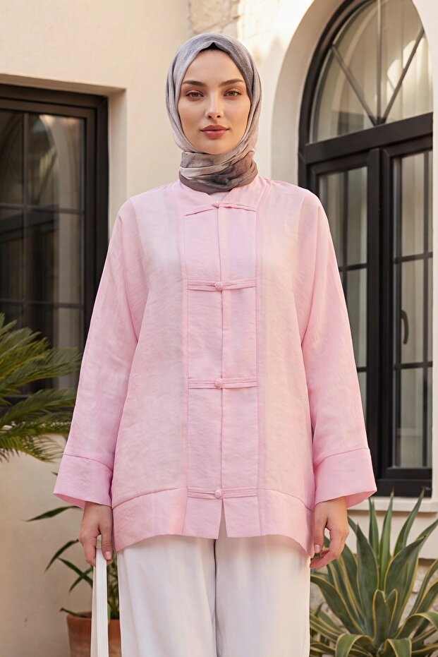 Piping Buttoned V-Neck Organza Voile Oversized Kimono -Pink