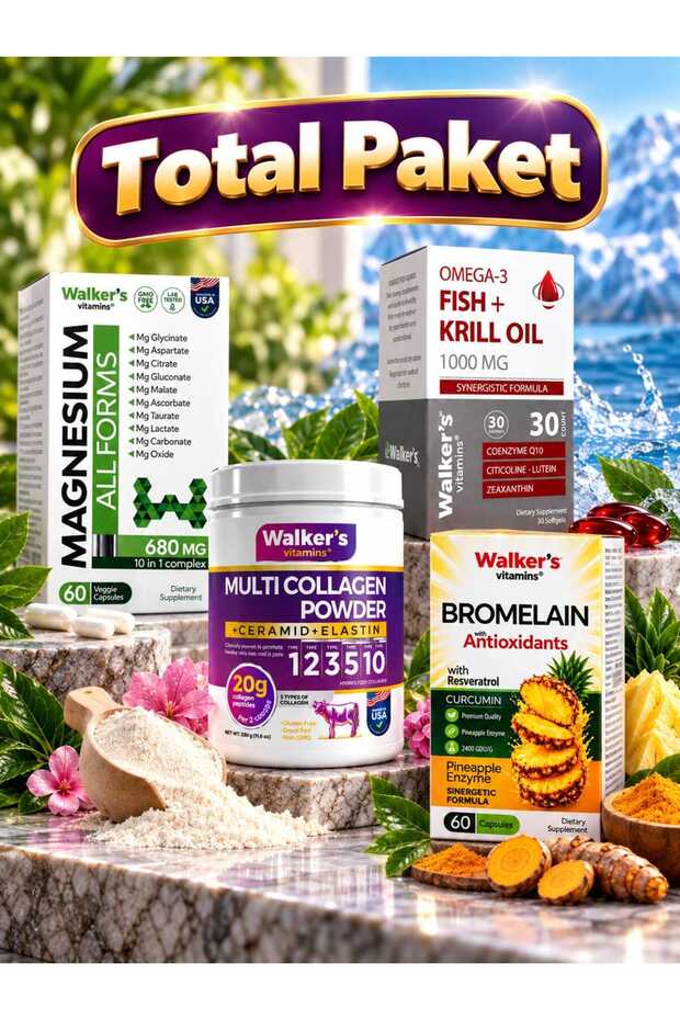 Magnesium All Forms - Walker`S % Collagen - Krill Oil Omega 3 - Bromelain (Total Health Package)