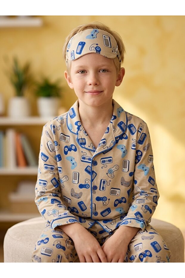 Boy's Cotton Game Console Patterned Long Sleeve Pajama Set + Eye Patch