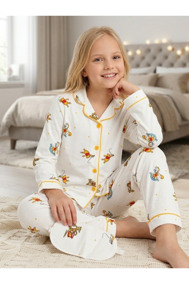 Girls and Boys Cotton Character Patterned Long Sleeve Pajama Set + Eye Patch