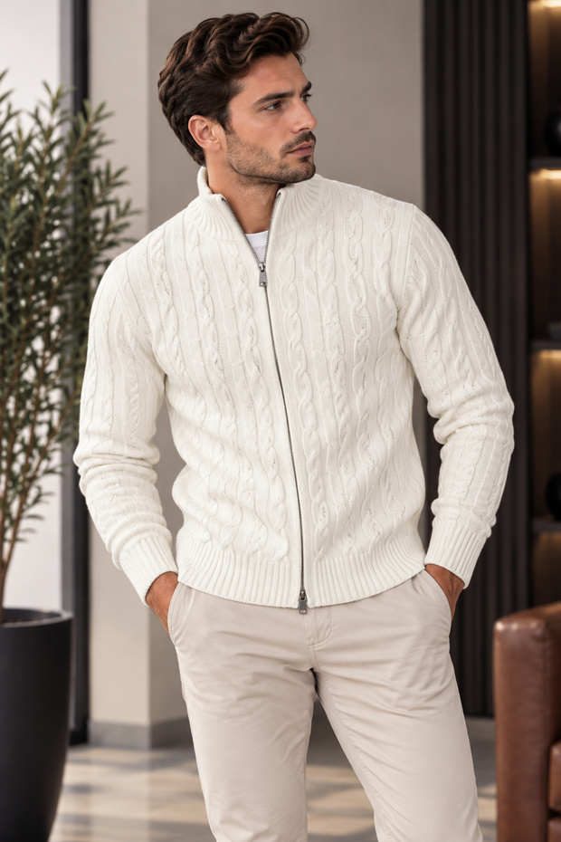 Men's Hair Knit Patterned Jacket with Zipper Detail
