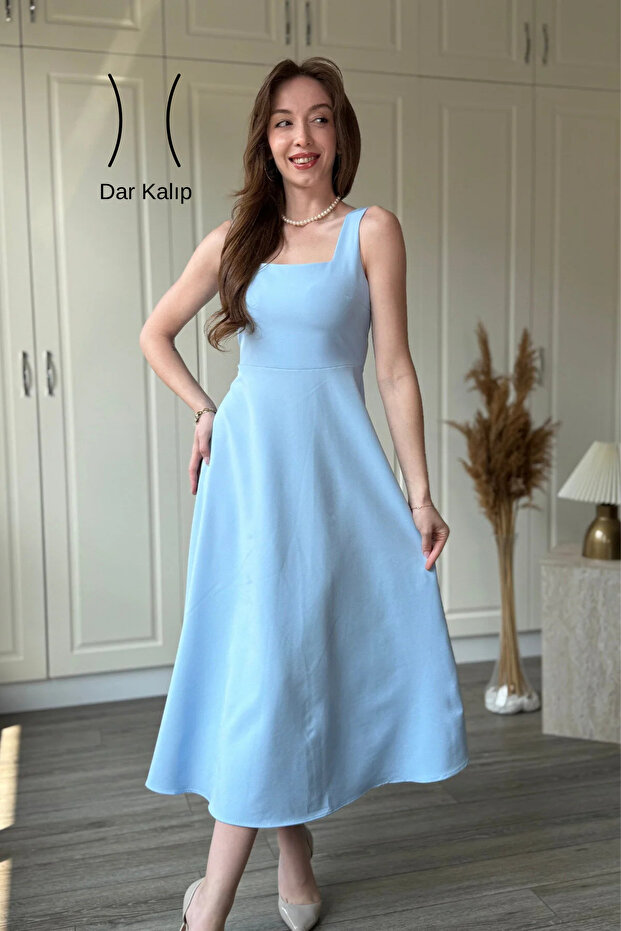 Elegant Square Neck Midi Flared Dress with Straps