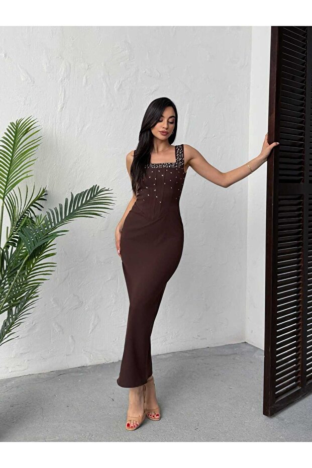 Quality Maxi Stone-Embellished Dress Brown