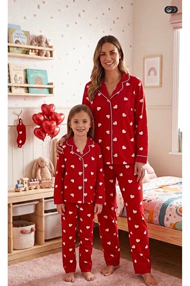 Cotton Suede Fabric Red Heart Patterned Shirt Collar Buttoned Sleepwear Set with Sleeping Glasses Suitable for Girl and Mother
