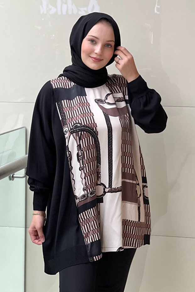 Satin Knitwear Combined Patterned Tunic