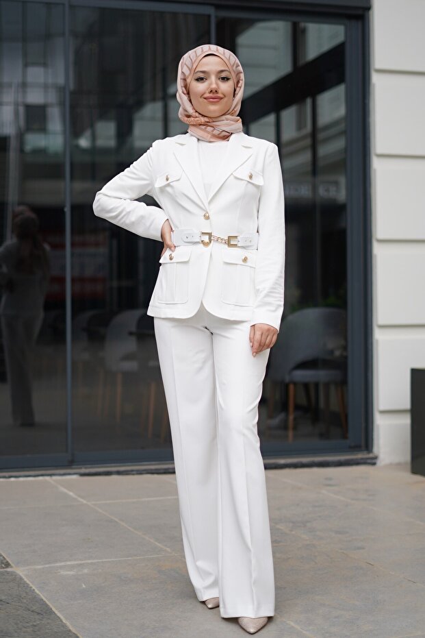 Button and Belt Detailed Jacket and Trousers Set