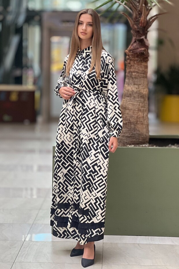 Digital Dress with Skirt Pleat and Stripe