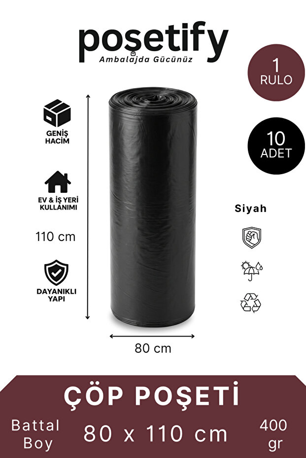 Black Thick Roll Garbage Bag 80X110 cm | 1 Roll 10 Pieces | 400 Gr | Large Size Durable Garbage Bag