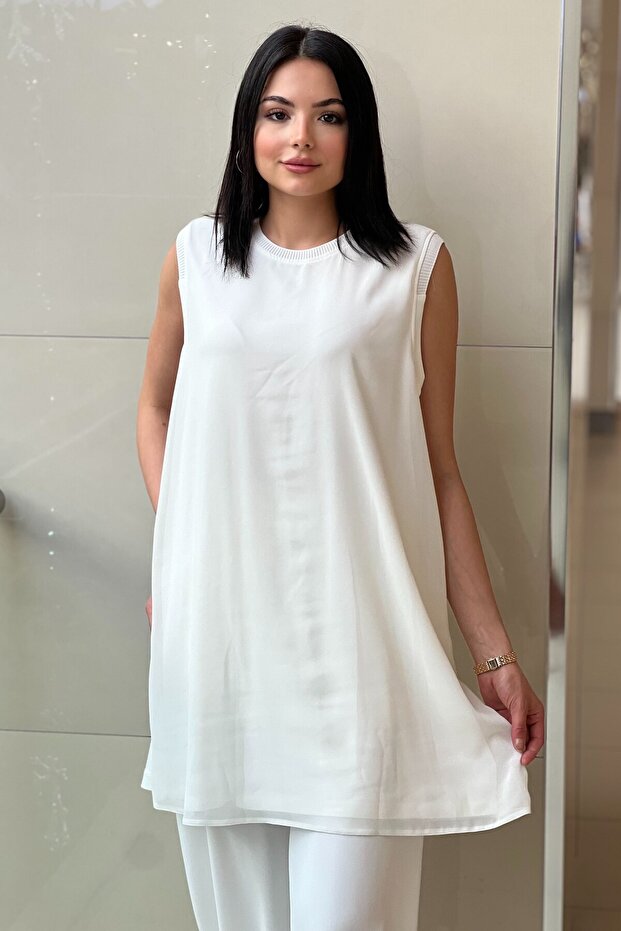 Fuat Gürşen Ribbed Sleeveless Chiffon Tunic