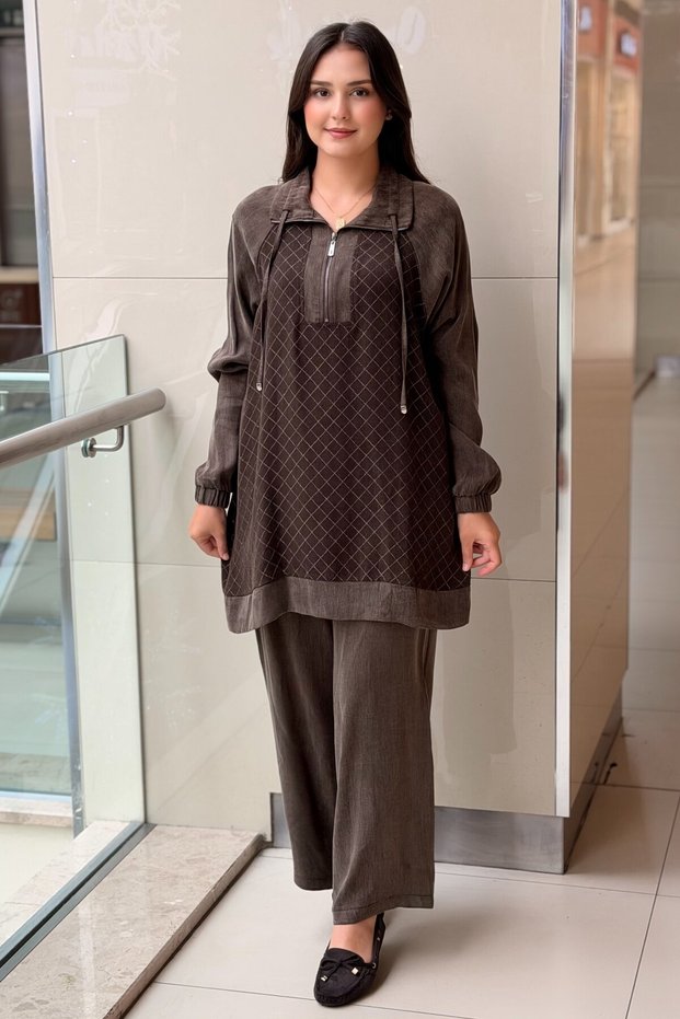 Fuat Gürşen Fabric Mix Square Patterned Half-Zip Tunic Trousers Set