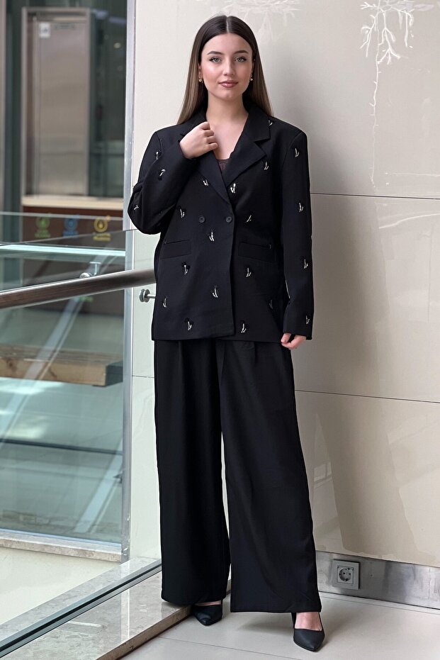 Floral Patterned Sequin Embroidered Jacket Pants Set