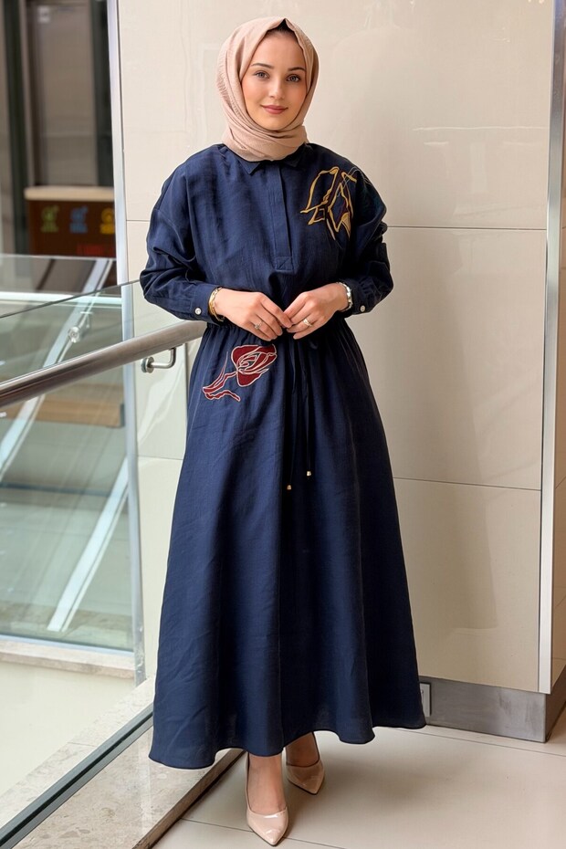 Shirt Collar Waist Belted Colorful Embroidered Dress