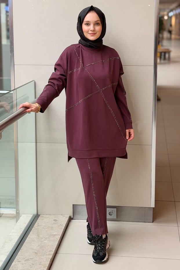 Crochet Knitwear Ribbed and Sequenced Stone Detailed Tunic and Pants Set