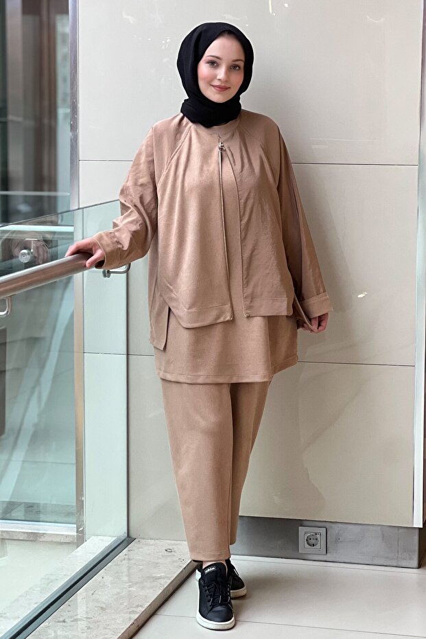 Mixed Fabric Piece Patterned Tunic Pants Set